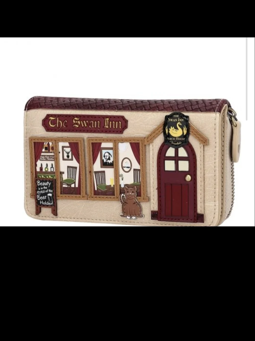 Vendula The Swan Inn Pub Medium Ziparound Wallet - Cream & Burgundy - Picture 2 of 5